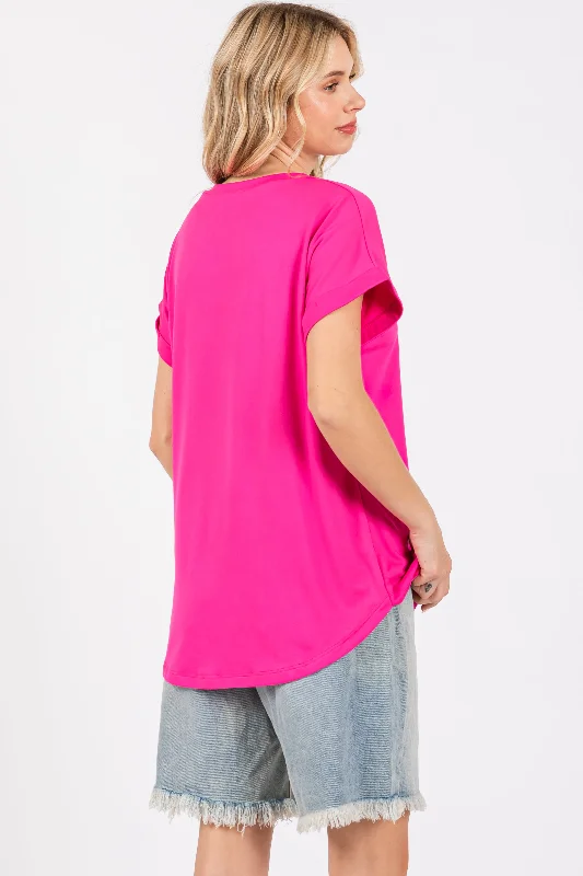 Fuchsia V-Neck Pocket Short Sleeve Shirt