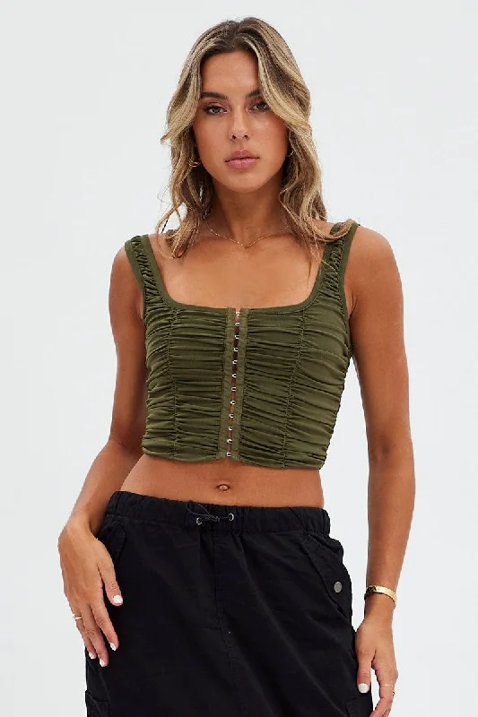 Green Lace Up Top Sleeveless Mesh