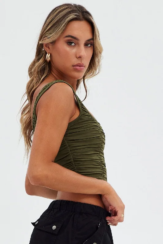 Green Lace Up Top Sleeveless Mesh