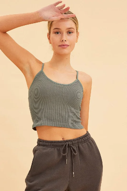 Green Seamless Singlet Top Scoop Neck Rib Crop