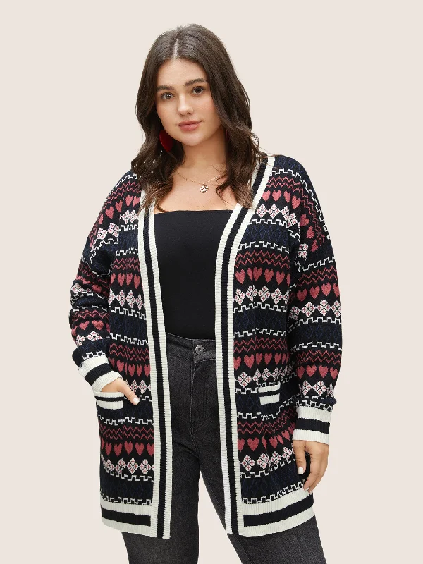 Heart Geometric Jacquard Pocket Cardigan