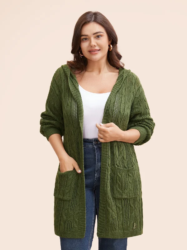 Hooded Cable Knit Open Front Cardigan