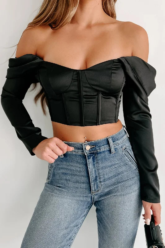 In My Sassy Mode Off The Shoulder Crop Corset Top (Black)