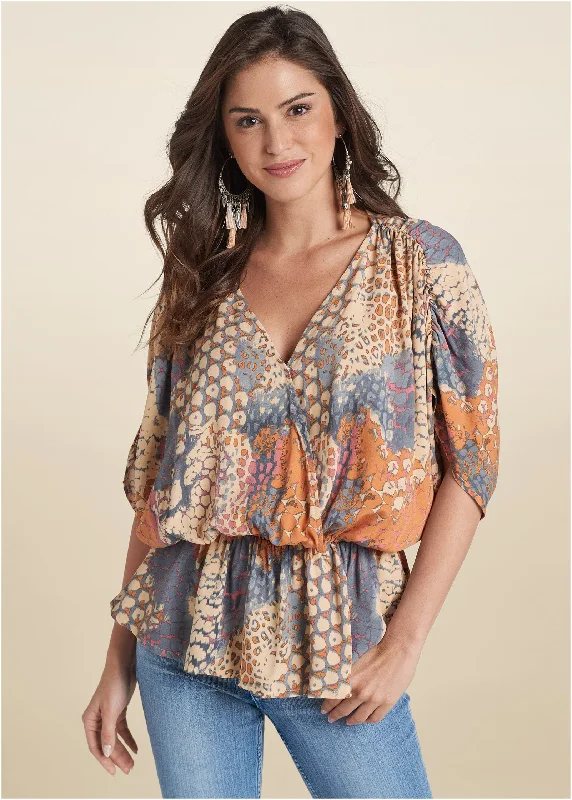 Printed faux-wrap top - Orange Multi