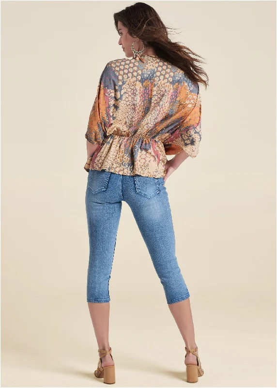 Printed faux-wrap top - Orange Multi