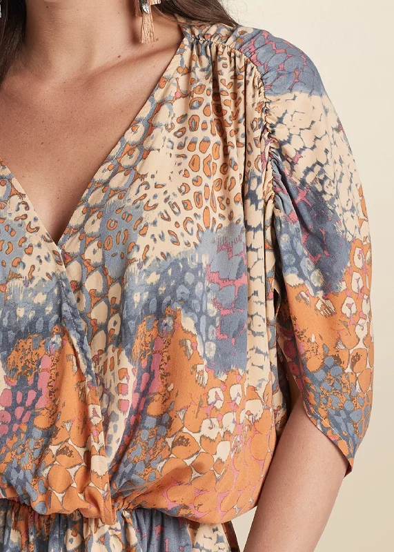 Printed faux-wrap top - Orange Multi