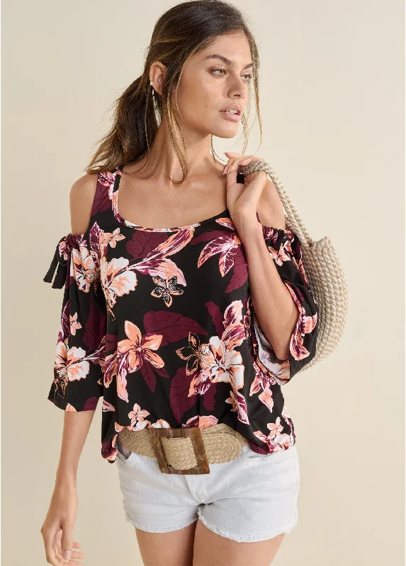 Printed cold-shoulder top - Black Multi