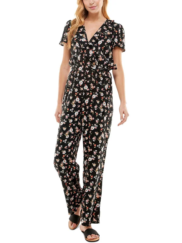 Juniors Womens Floral Ruffled Jumpsuit