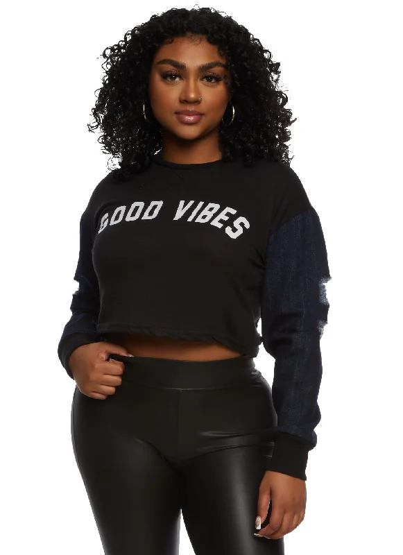 Good Vibes Denim Sleeve Graphic Tee