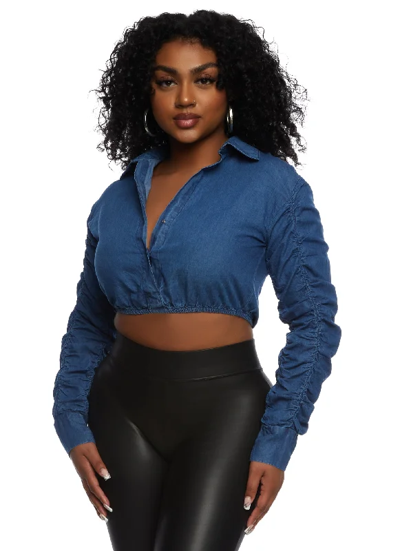 Highway Denim Ruched Sleeve Button Front Crop Top