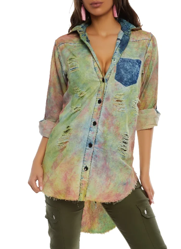 Acid Wash Tie Dye Distressed High Low Shirt