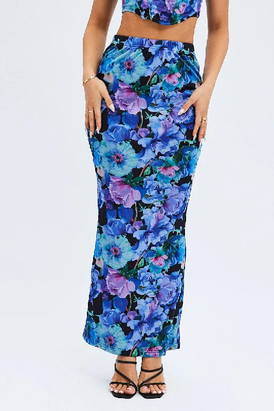 Multi Floral Mesh Maxi Bodycon Tube Skirt