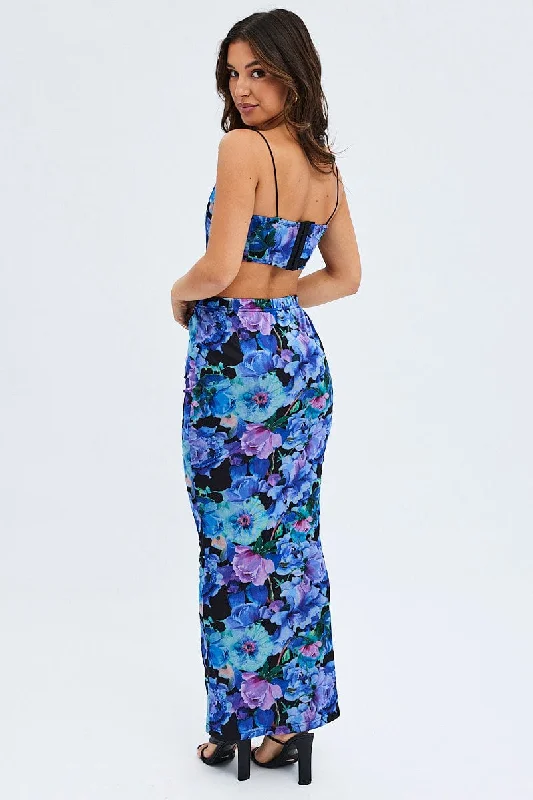 Multi Floral Mesh Maxi Bodycon Tube Skirt