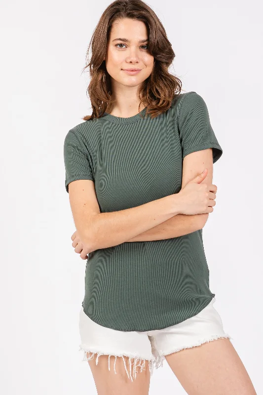 Olive Ribbed Short Sleeve Curved Hem Top