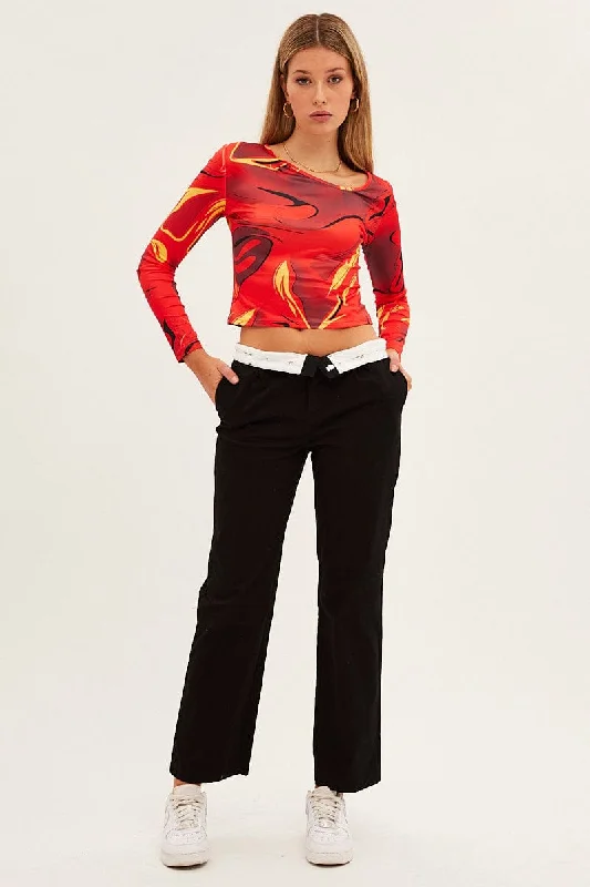 Orange Abstract Abstract Print Mesh Top