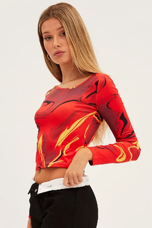 Orange Abstract Abstract Print Mesh Top