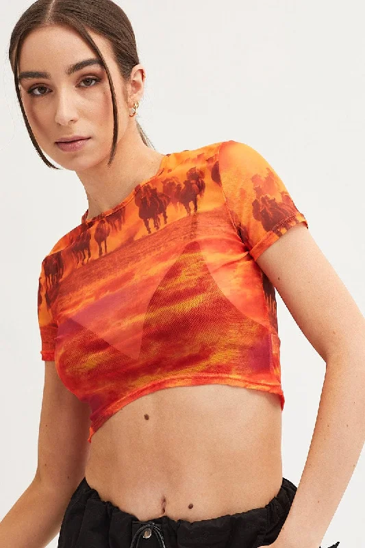 Orange Abstract Landscape Print Mesh Short Sleeve Top