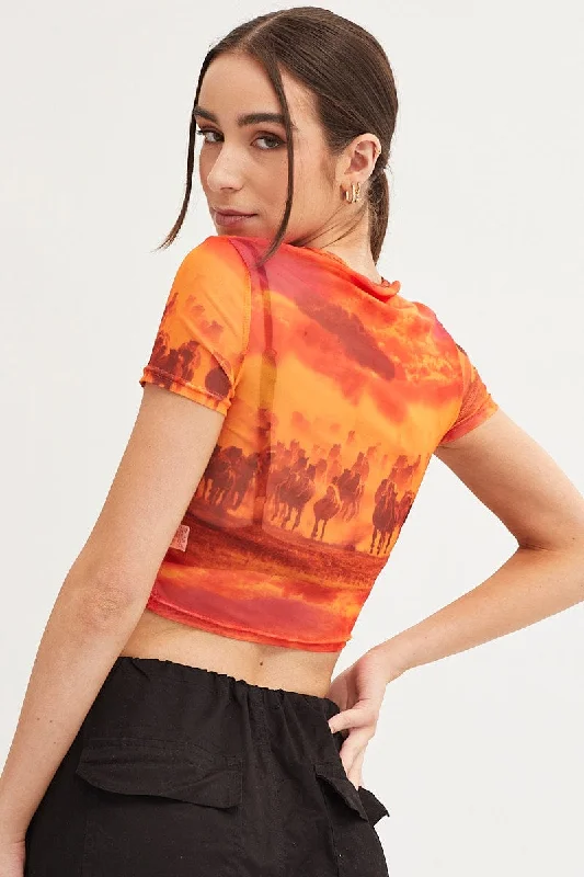 Orange Abstract Landscape Print Mesh Short Sleeve Top