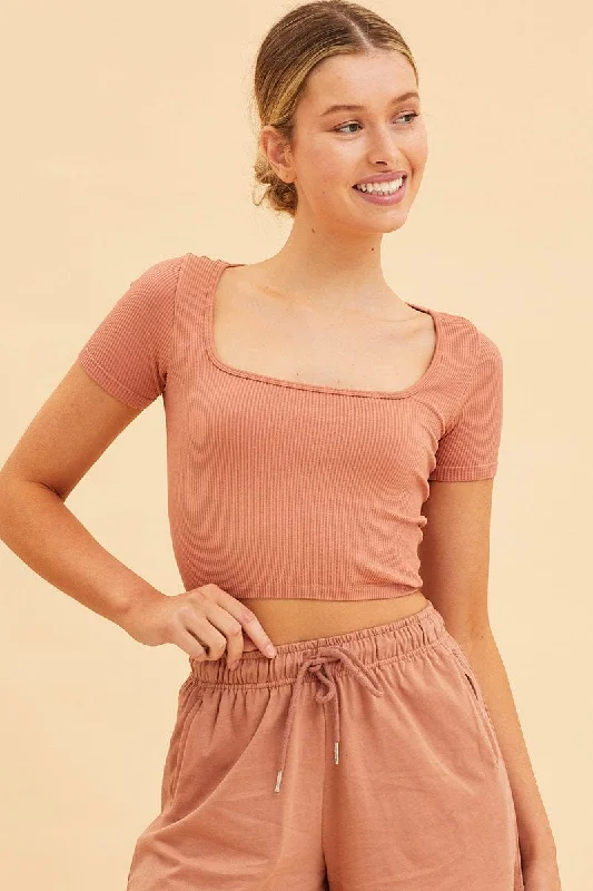 Orange Seamless T-Shirt Crop Short Sleeve Square Neck