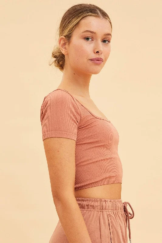 Orange Seamless T-Shirt Crop Short Sleeve Square Neck