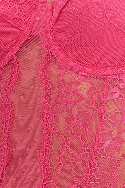 Pink Bodysuit Sleeveless Sweetheart Lace