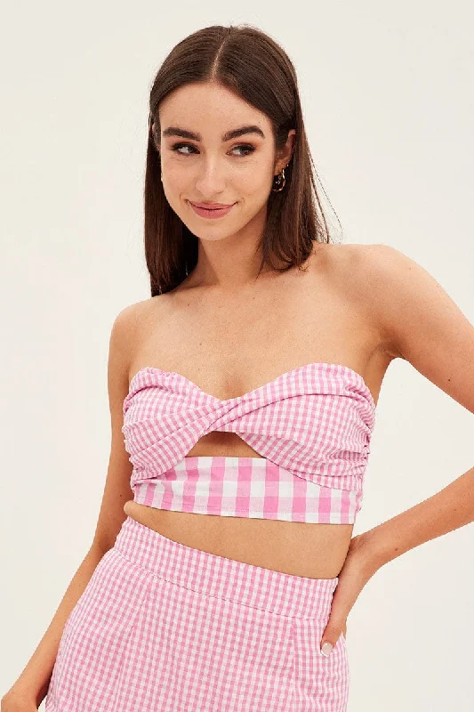 Pink Check Bandeau Twist Front Sleeveless Crop