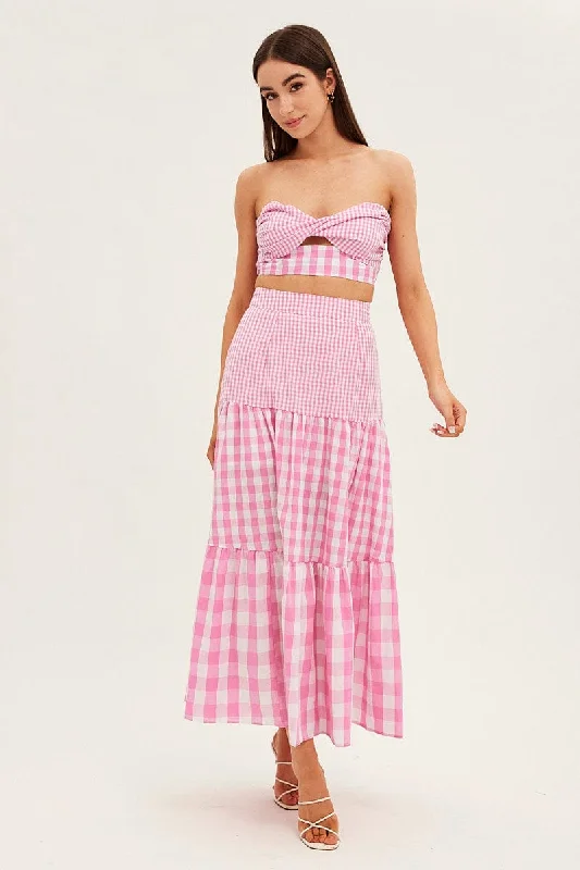 Pink Check Bandeau Twist Front Sleeveless Crop