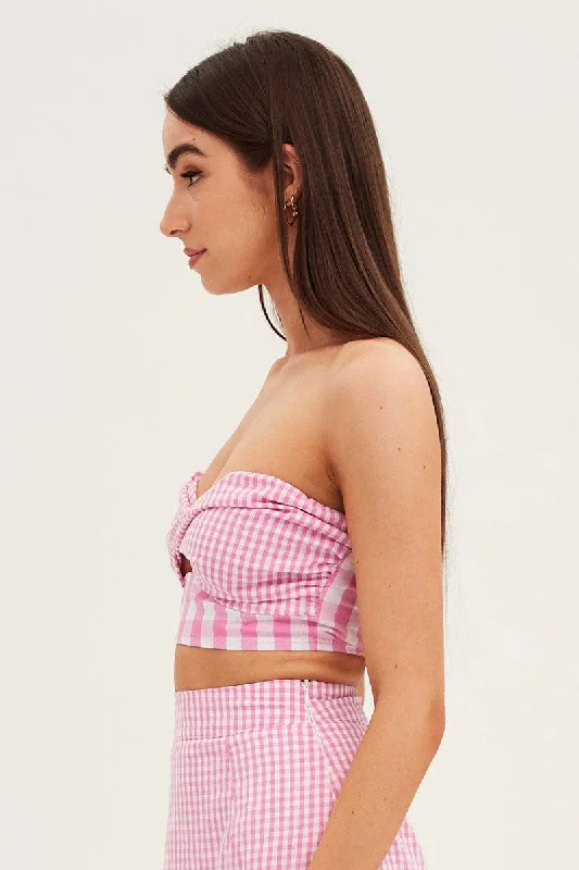 Pink Check Bandeau Twist Front Sleeveless Crop