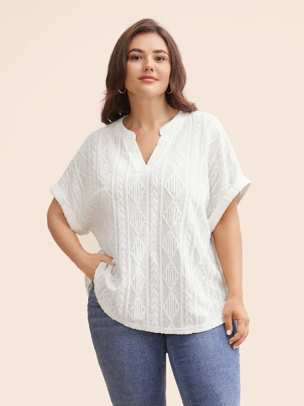 Plain Jacquard Notched Dolman Sleeve T-shirt