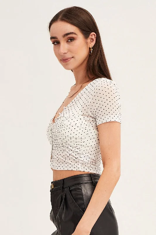 Polka Dot Mesh Short Sleeve V Neck Ruched Top