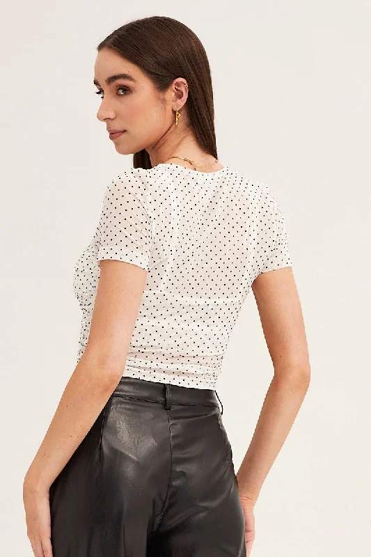 Polka Dot Mesh Short Sleeve V Neck Ruched Top