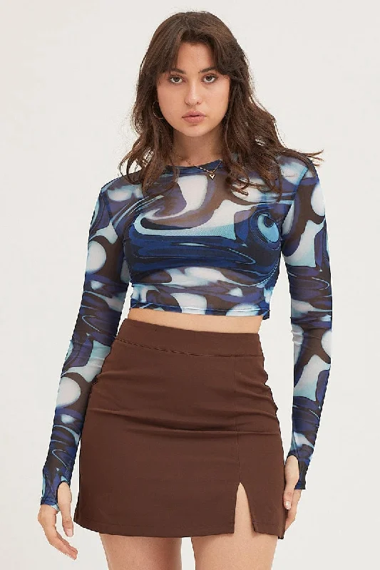 Print Long Sleeve Mesh Top