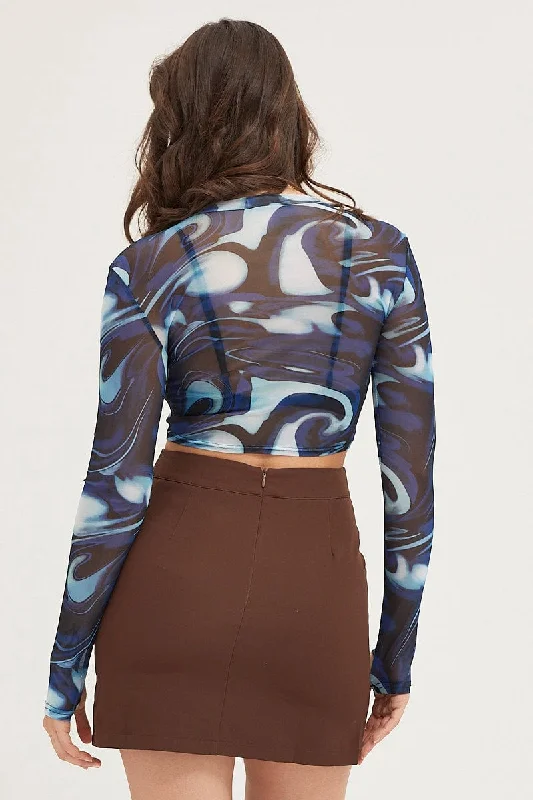 Print Long Sleeve Mesh Top