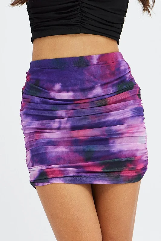 Purple Abstract Mini Skirt Side Ruched Mid Rise Mesh