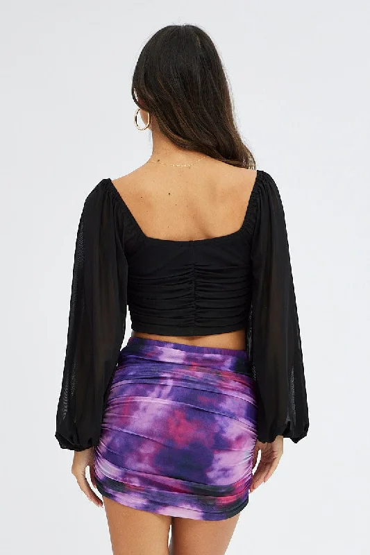 Purple Abstract Mini Skirt Side Ruched Mid Rise Mesh