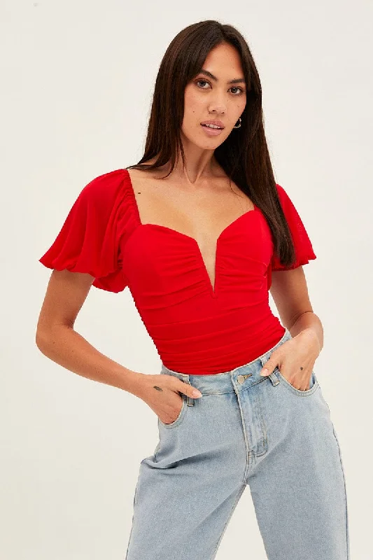 Red Bodysuit Short Sleeve V Notched Front Mesh Jersey