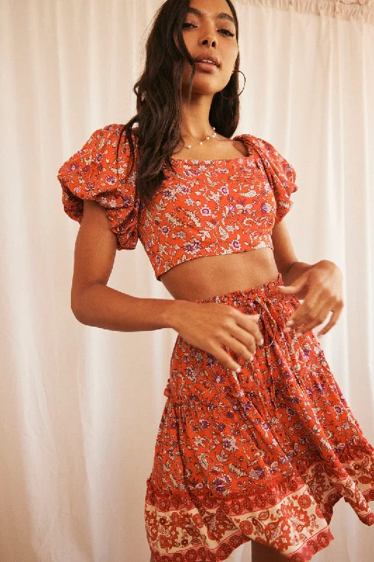 Red Boho Crop Top Short Sleeve Off Shoulder Full Volume