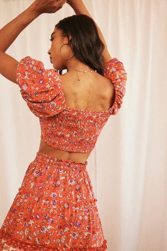 Red Boho Crop Top Short Sleeve Off Shoulder Full Volume