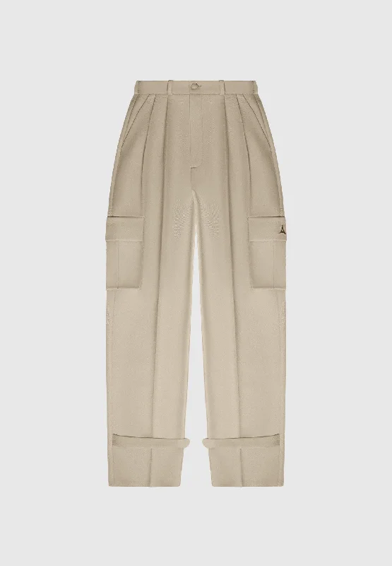 Tailored Pleated Cargo Trousers - Beige