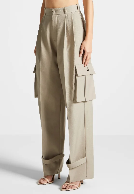 Tailored Pleated Cargo Trousers - Beige