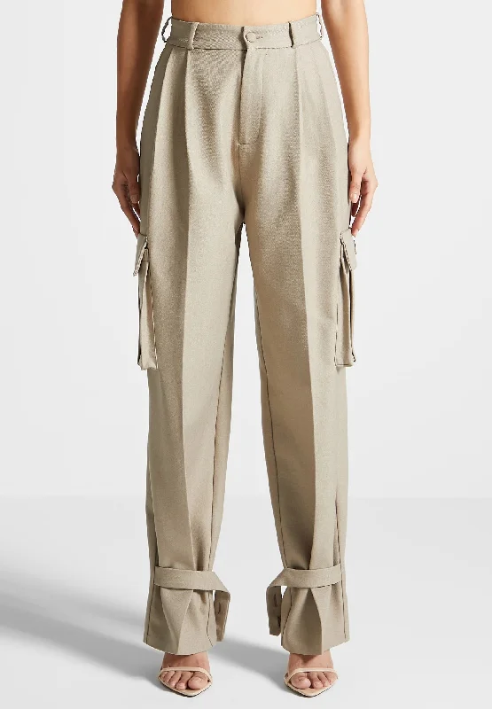 Tailored Pleated Cargo Trousers - Beige