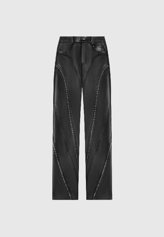 Vegan Leather Biker Trousers with Zip - Black