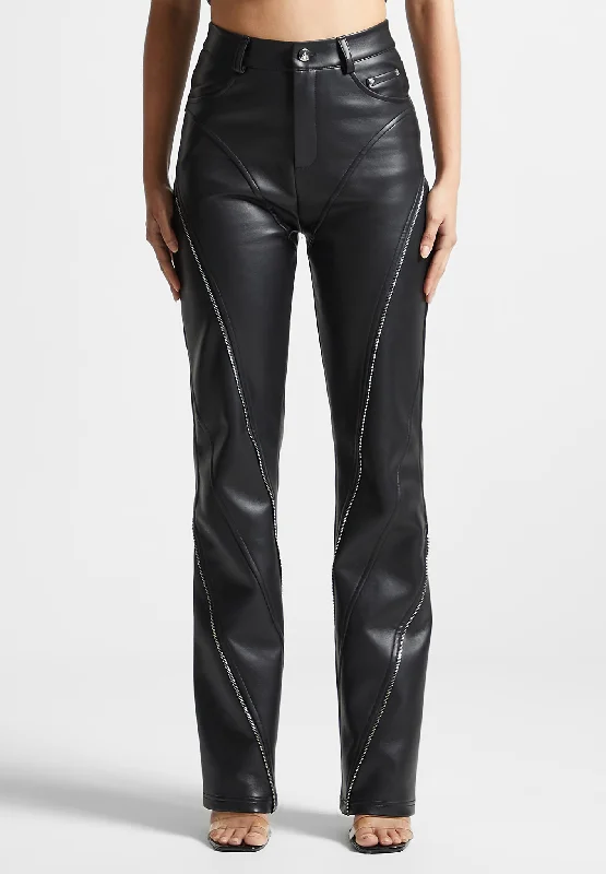 Vegan Leather Biker Trousers with Zip - Black