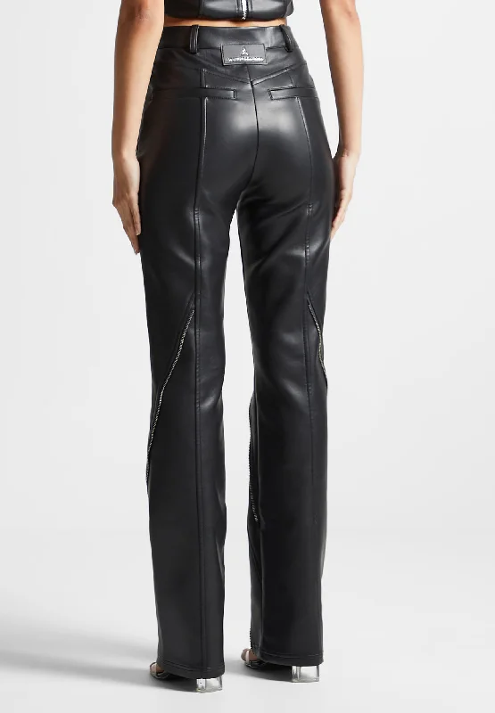 Vegan Leather Biker Trousers with Zip - Black