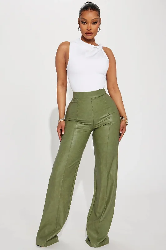 Victoria High Waisted Washed Faux Leather Dress Pants - Olive