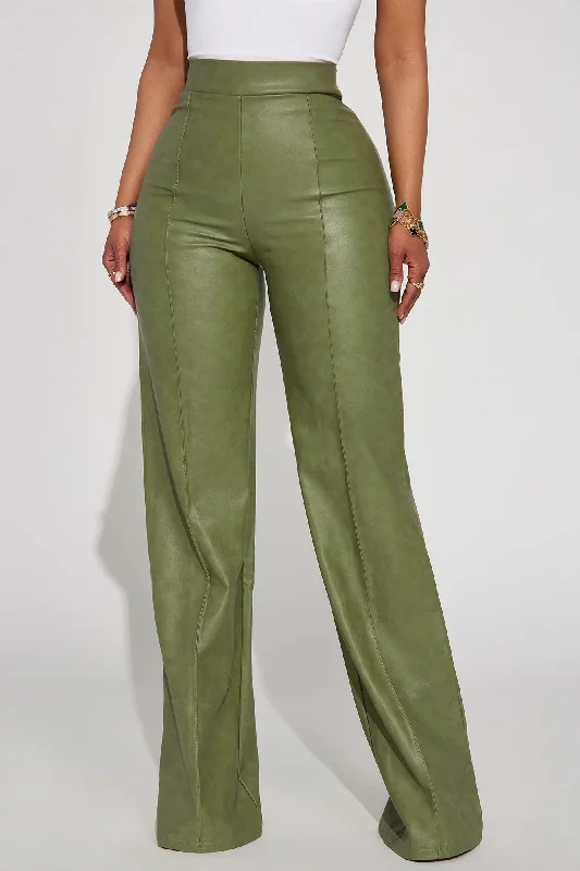 Victoria High Waisted Washed Faux Leather Dress Pants - Olive