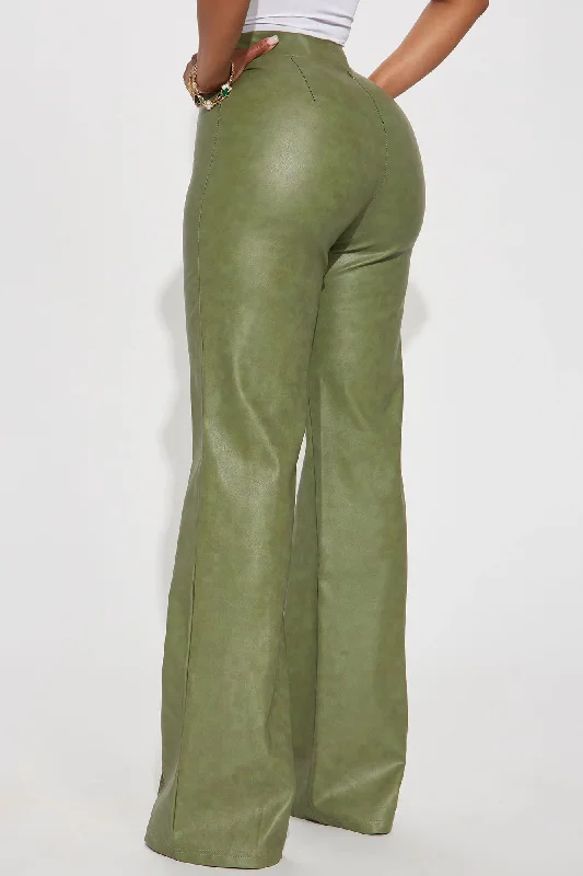 Victoria High Waisted Washed Faux Leather Dress Pants - Olive