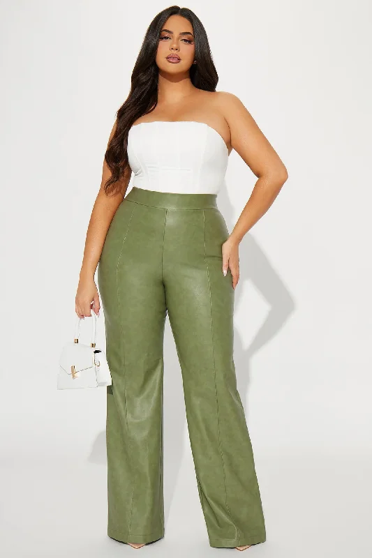 Victoria High Waisted Washed Faux Leather Dress Pants - Olive