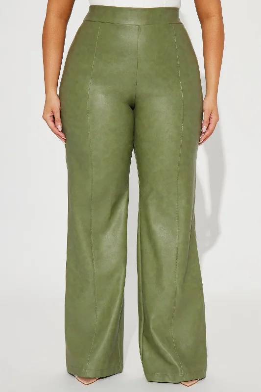 Victoria High Waisted Washed Faux Leather Dress Pants - Olive