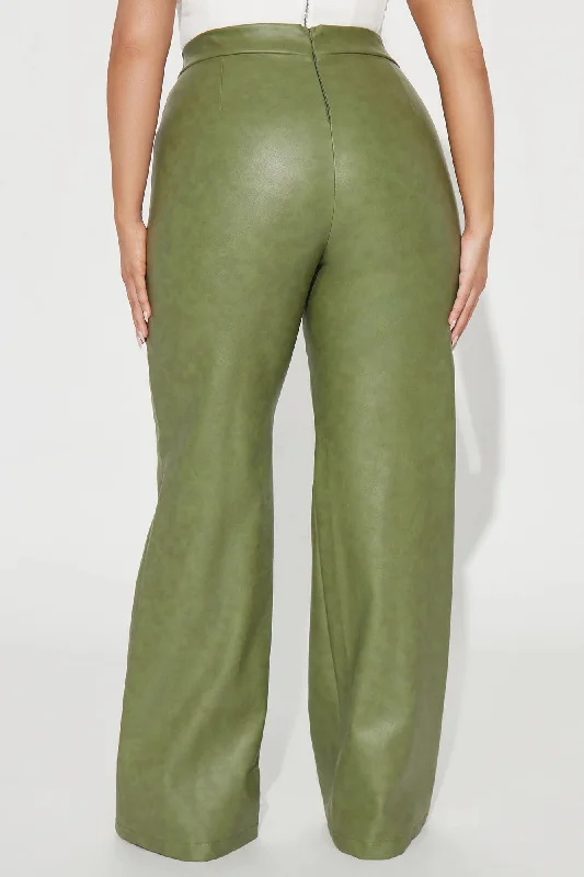 Victoria High Waisted Washed Faux Leather Dress Pants - Olive